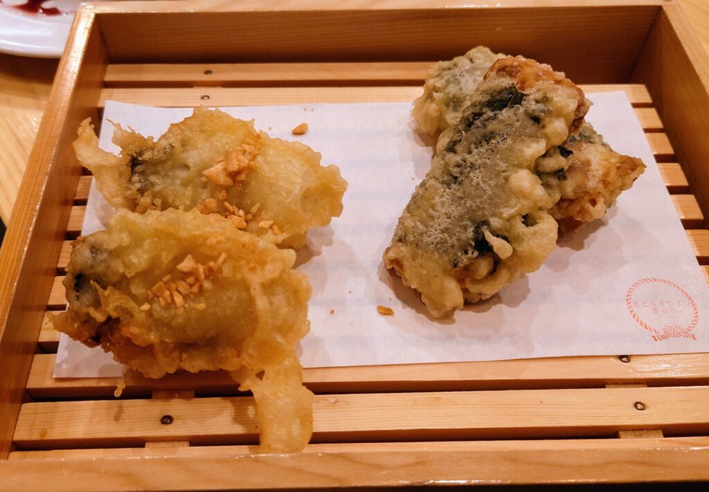 広島県産 牡蠣の天ぷら アヒージョ風とちくわの天ぷら 磯部包み